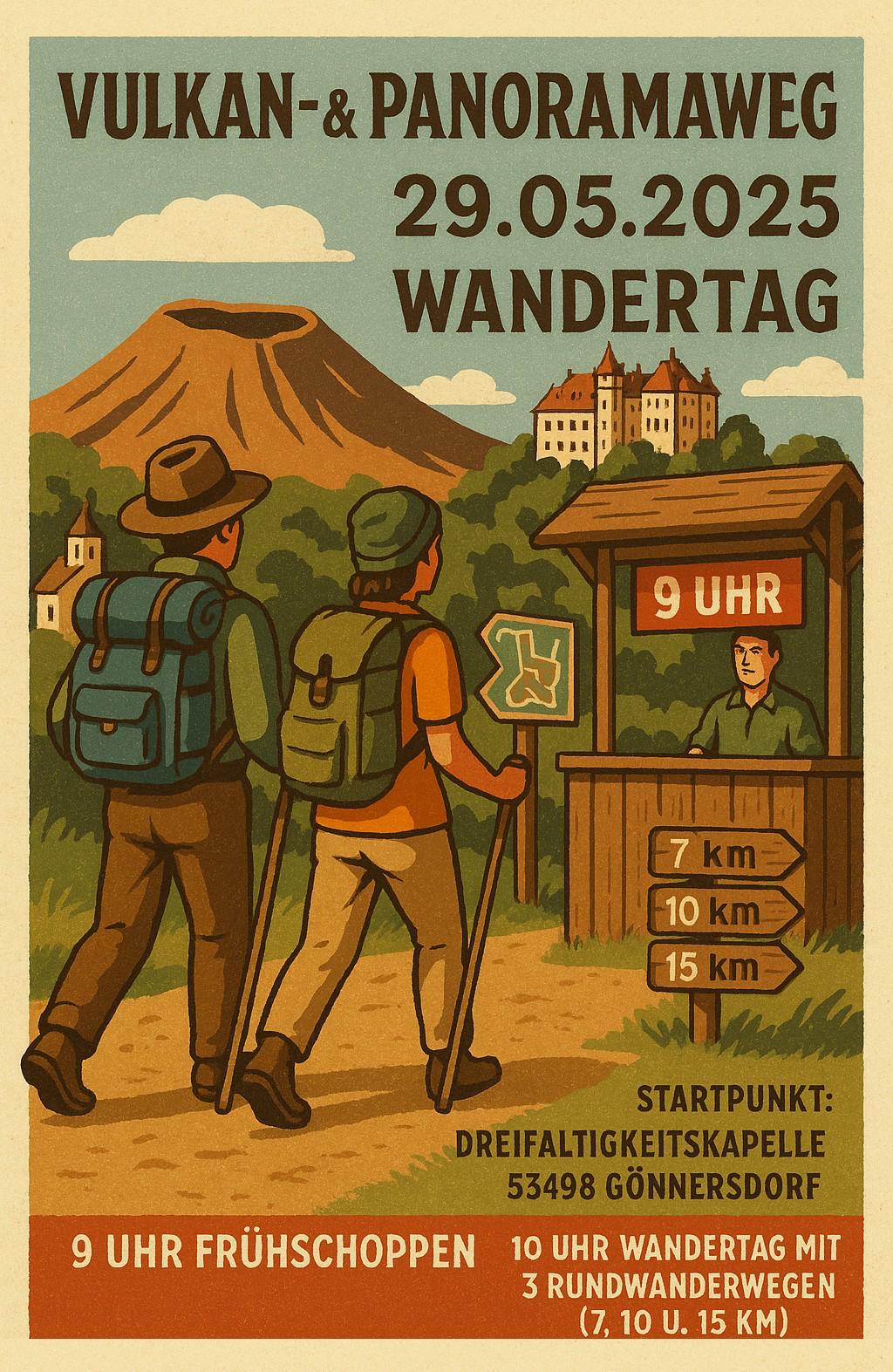 Wanderung_Himmelfahrt_2025 Titel des Plakats: Vulkan- und Panoramaweg Wandertag Datum der Veranstaltung: Donnerstag, 29. Mai 2025  Beschreibung des Bildes: Das Plakat zeigt eine gezeichnete Wanderszene in einer hügeligen, bewaldeten Landschaft mit einem Vulkan und einem Schloss im Hintergrund. Zwei Personen mit Wanderkleidung, Rucksäcken und Wanderstöcken gehen einen Weg entlang in Richtung eines Anmeldestandes. Über dem Stand hängt ein Schild mit der Aufschrift „9 Uhr“. Rechts daneben steht ein Wegweiser mit drei Entfernungsangaben: 7 Kilometer, 10 Kilometer und 15 Kilometer.  Textinformationen am unteren Rand:      Startpunkt der Wanderung: Dreifaltigkeitskapelle, 53498 Gönnersdorf      9 Uhr Frühschoppen      10 Uhr Beginn des Wandertags mit drei Rundwanderwegen: 7 Kilometer, 10 Kilometer und 15 Kilometer  Die Gestaltung ist im Retro-Stil mit warmen Farben und klaren Kontrasten, um die Lesbarkeit zu erhöhen.